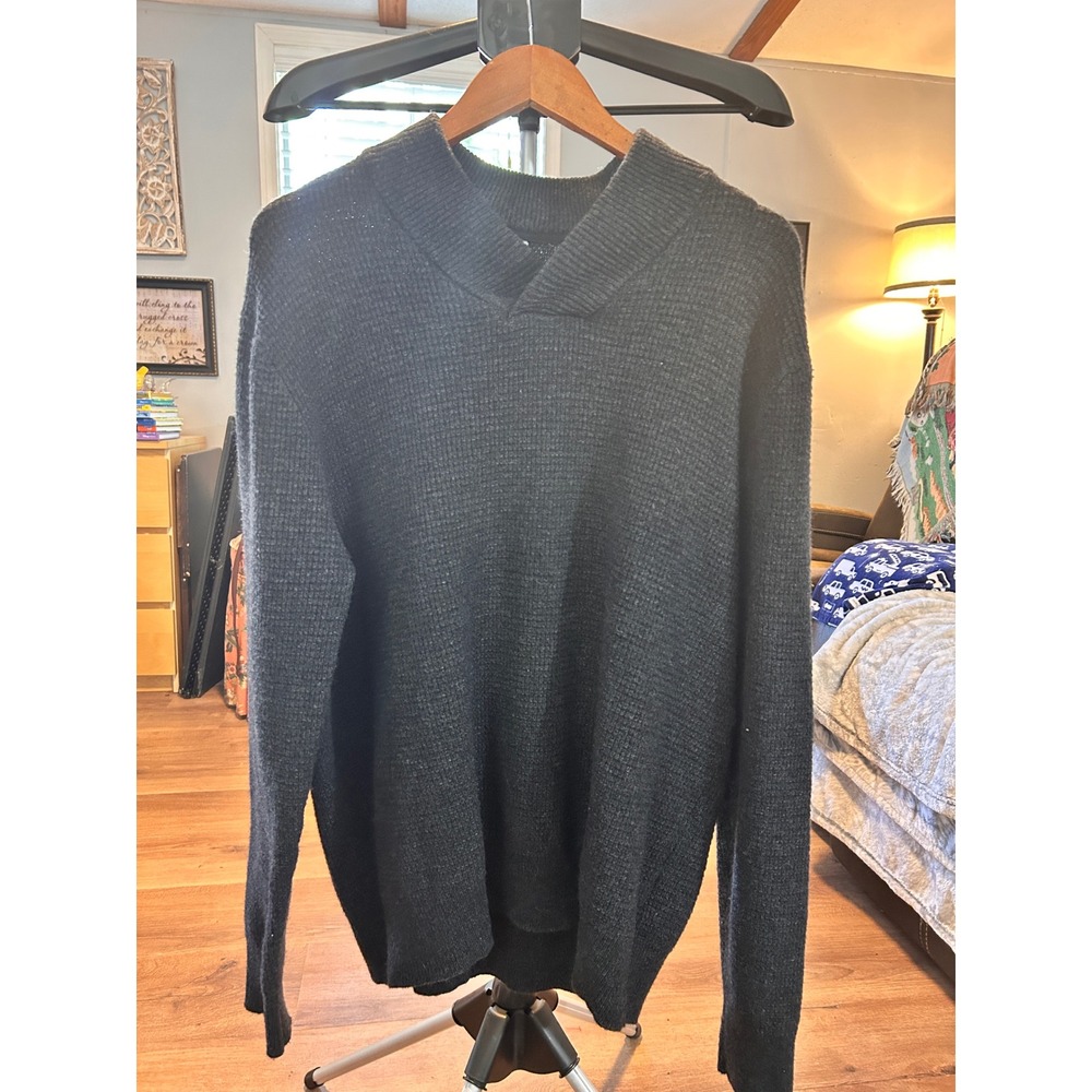 Schott Bros Mens 2XL Black Waffle Knit Shawl Collar Pullover Sweater‎ wool